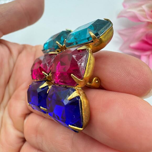 Vintage Three Rhinestone Huge Clip On Earrings Teal Fuchsia Blue 80s Mob Wife - Picture 5 of 16